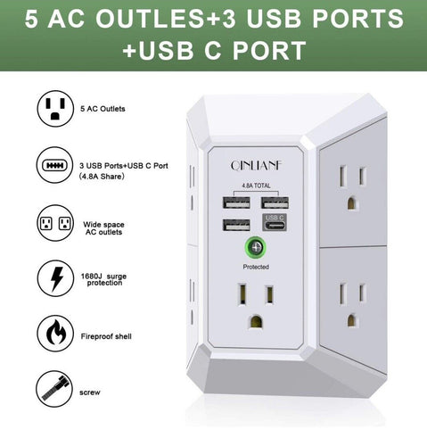 QINLIANF HR-519-B/HR-519D/AHR-508 Wall Charger-Surge Protector- 5 Outlet Extention