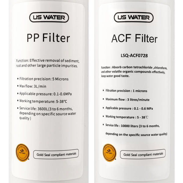 two stage water filtration system, PP Filter and ACF filter by US water